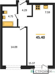 Планировка однокомнатной(квартира) площадью 45.4 квадратных метров в ЖК “ЖК UNO Соколиная гора”