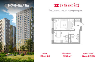 Планировка однокомнатной(квартира) площадью 32.8 квадратных метров в “ЖК Ильинойс”