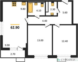 Планировка двухкомнатной(квартира) площадью 62.8 квадратных метров в “ЖК Прокшино”