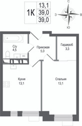 Планировка однокомнатной(квартира) площадью 39 квадратных метров в ЖК “ЖК КИНОКВАРТАЛ”