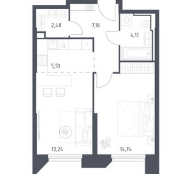 Планировка однокомнатной(апартаменты) площадью 47.24 квадратных метров в ЖК “ЖК Скай Спутник”