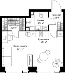 Планировка однокомнатной(квартира) площадью 35.59 квадратных метров в ЖК “Мультиквартал СИТИДЗЕН”