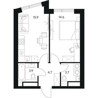 Планировка однокомнатной(квартира) площадью 42.8 квадратных метров в “ЖК Нексус от Аквилон”