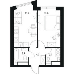Планировка однокомнатной(квартира) площадью 42.8 квадратных метров в ЖК “ЖК Нексус от Аквилон”