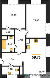 Планировка двухкомнатной(квартира) площадью 59.7 квадратных метров в ЖК “ЖК Voxhall (Воксхолл)”