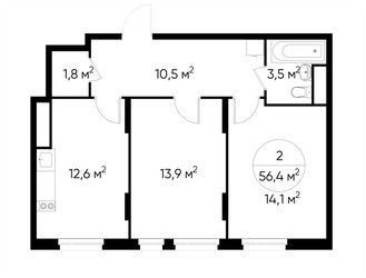 Планировка двухкомнатной(квартира) площадью 56.4 квадратных метров в ЖК “ЖК Переделкино Ближнее”
