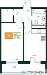 Планировка однокомнатной(квартира) площадью 39.94 квадратных метров в ЖК “Ласточкино”