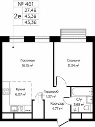 Планировка двухкомнатной(квартира) площадью 43.38 квадратных метров в ЖК “Новоград Павлино”