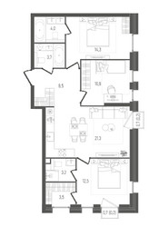 Планировка трехкомнатной(квартира) площадью 82.2 квадратных метров в ЖК “ЖК Pave (Пэйв)”