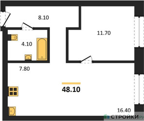 Планировка однокомнатной(квартира) площадью 48.1 квадратных метров в ЖК “ЖК Квартал Метроном”