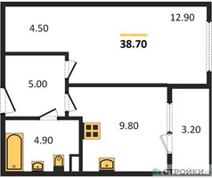 Планировка однокомнатной(квартира) площадью 38.7 квадратных метров в “Жилой квартал Новое Медведково”