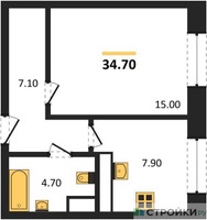 Планировка однокомнатной(квартира) площадью 34.7 квадратных метров в “ЖК Высокий берег (Ногинск)”