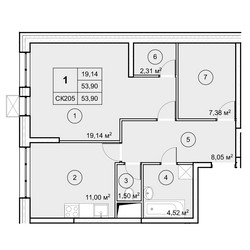 Планировка однокомнатной(квартира) площадью 53.9 квадратных метров в ЖК “ЖК Экоград Новый Катуар”