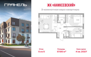 Планировка трехкомнатной(квартира) площадью 57.85 квадратных метров в “ЖК Аникеевский”