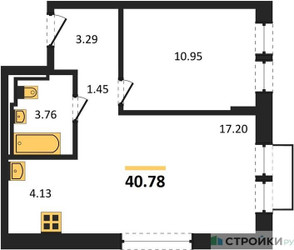 Планировка однокомнатной(квартира) площадью 40.78 квадратных метров в ЖК “ЖК Молжаниново”
