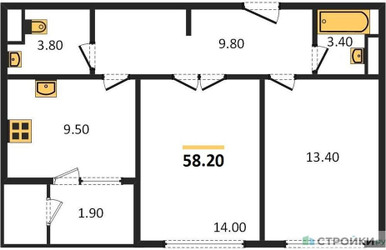 Планировка двухкомнатной(квартира) площадью 58.2 квадратных метров в ЖК “ЖК Sky Garden (Скай Гарден)”