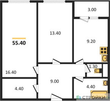 Планировка двухкомнатной(квартира) площадью 55.4 квадратных метров в “ЖК Карамельный”