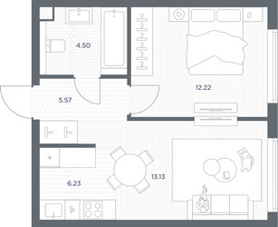Планировка однокомнатной(квартира) площадью 41.65 квадратных метров в ЖК “ЖК TATE (Тэйт)”