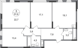 Планировка трехкомнатной(квартира) площадью 91.6 квадратных метров в “ЖК Переделкино Ближнее”