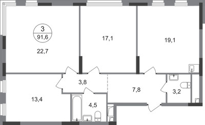 Планировка трехкомнатной(квартира) площадью 91.6 квадратных метров в ЖК “ЖК Переделкино Ближнее”
