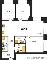 Планировка трехкомнатной(квартира) площадью 76.9 квадратных метров в ЖК “ЖК Архитектурный проект RAKURS (Ракурс)”