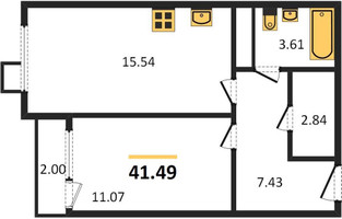 Планировка однокомнатной(квартира) площадью 41.49 квадратных метров в “ЖК Катуар”