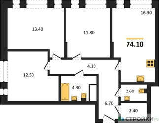 Планировка трехкомнатной(квартира) площадью 74.1 квадратных метров в ЖК “ЖК Первый Московский”