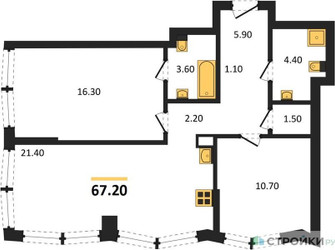 Планировка двухкомнатной(квартира) площадью 67.2 квадратных метров в ЖК “Акценты”