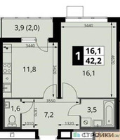 Планировка однокомнатной(квартира) площадью 42.2 квадратных метров в “ЖК 1-й Южный (Первый Южный)”