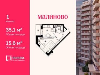 Планировка однокомнатной(квартира) площадью 35.1 квадратных метров в ЖК “ЖК Малиново”