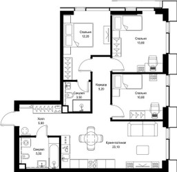 Планировка трехкомнатной(квартира) площадью 80 квадратных метров в ЖК “Мультиквартал СИТИДЗЕН”