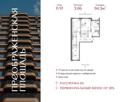 Планировка трехкомнатной(квартира) площадью 94.3 квадратных метров в “ЖК Преображенская Площадь”