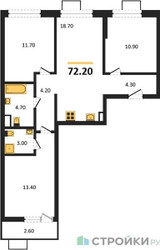 Планировка трехкомнатной(квартира) площадью 72.2 квадратных метров в ЖК “ЖК Скандинавия”