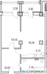 Планировка однокомнатной(апартаменты) площадью 61.59 квадратных метров в ЖК “ЖК Маршал”