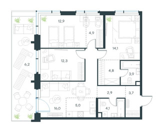 Планировка 4+ комнатной(квартира) площадью 90.8 квадратных метров в ЖК “ЖК Павелецкая Сити”