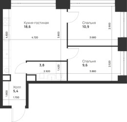 Планировка двухкомнатной(квартира) площадью 48.3 квадратных метров в ЖК “ЖК Войс”