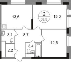 Планировка двухкомнатной(квартира) площадью 58.5 квадратных метров в “ЖК Первый Московский”