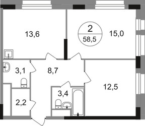 Планировка двухкомнатной(квартира) площадью 58.5 квадратных метров в ЖК “ЖК Первый Московский”