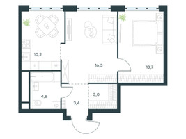 Планировка двухкомнатной(квартира) площадью 51.4 квадратных метров в “ЖК Левел Южнопортовая”