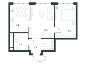 Планировка двухкомнатной(квартира) площадью 51.4 квадратных метров в ЖК “ЖК Левел Южнопортовая”