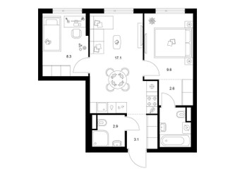 Планировка двухкомнатной(квартира) площадью 47 квадратных метров в ЖК “ЖК Саларьево парк”