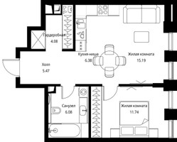 Планировка однокомнатной(квартира) площадью 48.94 квадратных метров в “ЖК Сити Бэй”