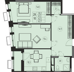 Планировка двухкомнатной(квартира) площадью 62.5 квадратных метров в ЖК “ЖК Премиум”