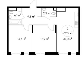 Планировка двухкомнатной(квартира) площадью 62.5 квадратных метров в ЖК “ЖК Первый Московский”