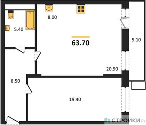 Планировка однокомнатной(квартира) площадью 64 квадратных метров в ЖК “ЖК Пироговская Ривьера”