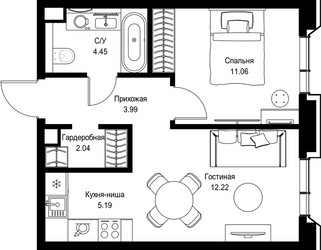 Планировка однокомнатной(квартира) площадью 38.95 квадратных метров в ЖК “Дом премиум-класса МИРА”