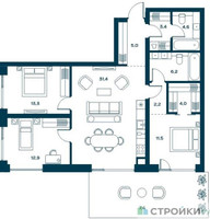 Планировка трехкомнатной(квартира) площадью 101.9 квадратных метров в “ЖК SOUL (СОУЛ)”