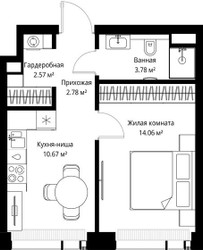 Планировка однокомнатной(квартира) площадью 33.86 квадратных метров в ЖК “ЖК Веер”