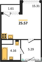 Планировка студии(квартира) площадью 25.57 квадратных метров в “ЖК Светлый мир БиоПолис”