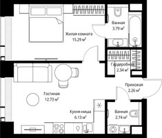 Планировка однокомнатной(квартира) площадью 45.28 квадратных метров в “ЖК Веер”